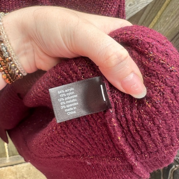 Lane Bryant Metallic Stitched Maroon Scalloped Hem Pullover Crew Neck Sweater - Picture 6 of 8
